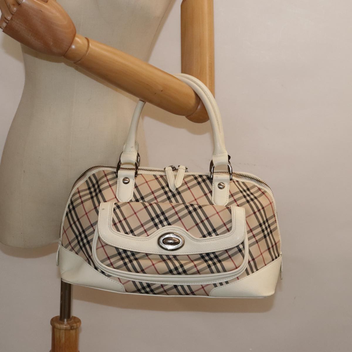 BURBERRY Nova Check Hand Bag Canvas Leather Beige White Auth 92079