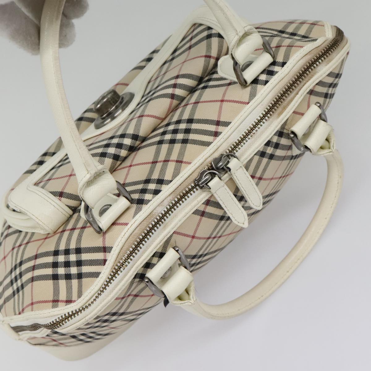 BURBERRY Nova Check Hand Bag Canvas Leather Beige White Auth 92079