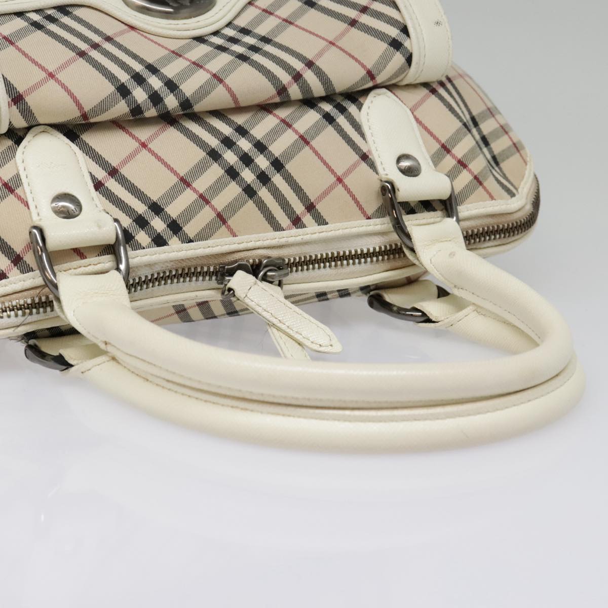 BURBERRY Nova Check Hand Bag Canvas Leather Beige White Auth 92079