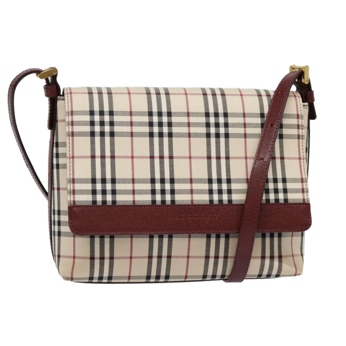 BURBERRY Nova Check Shoulder Bag Canvas Leather Beige Wine Red gold Auth 92083