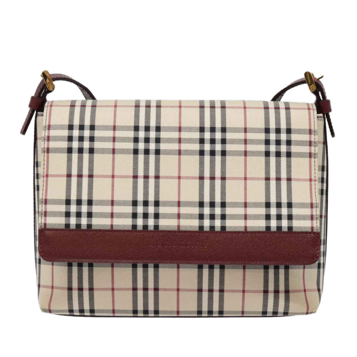 BURBERRY Nova Check Shoulder Bag Canvas Leather Beige Wine Red gold Auth 92083