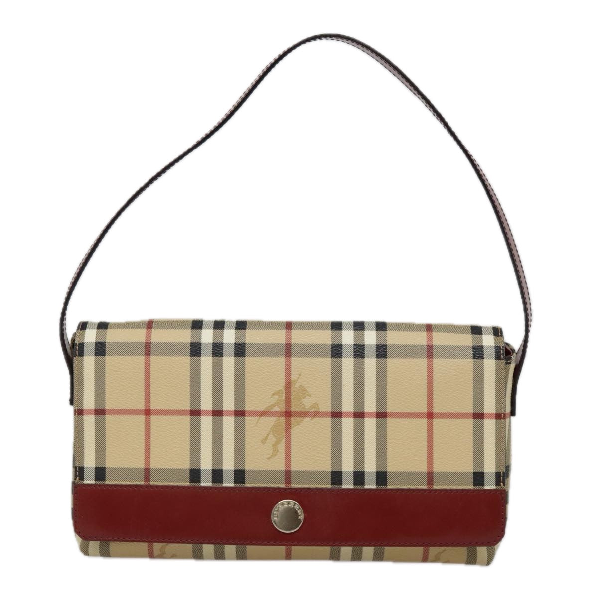 BURBERRY Nova Check Shoulder Bag PVC Leather Silver Beige Red Auth 92084