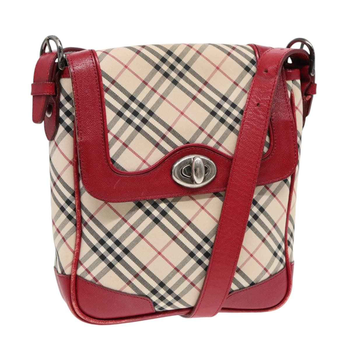 BURBERRY Nova Check Shoulder Bag Canvas Red Beige Silver Auth 92086