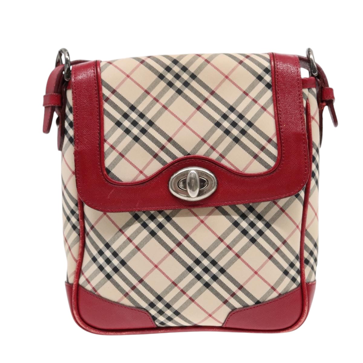 BURBERRY Nova Check Shoulder Bag Canvas Red Beige Silver Auth 92086