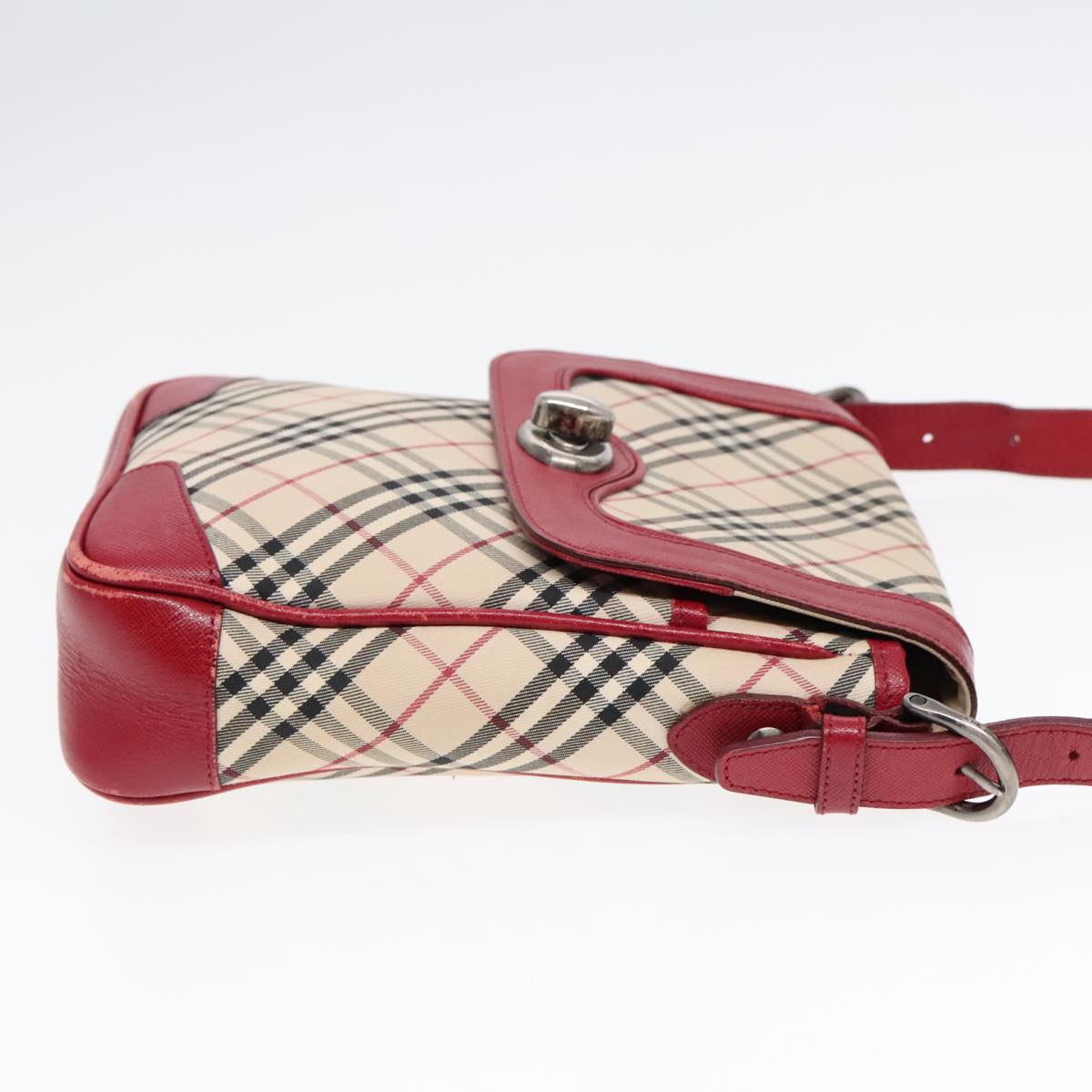 BURBERRY Nova Check Shoulder Bag Canvas Red Beige Silver Auth 92086