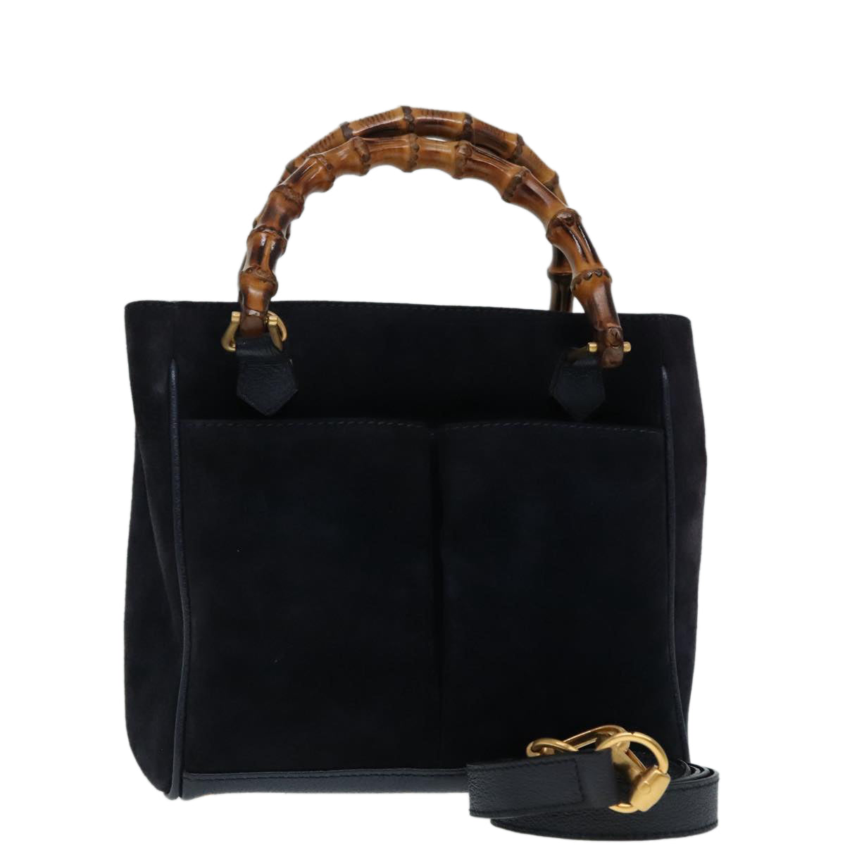 GUCCI Bamboo Hand Bag Suede 2way Gold Navy 000 123 0316 Auth 92089