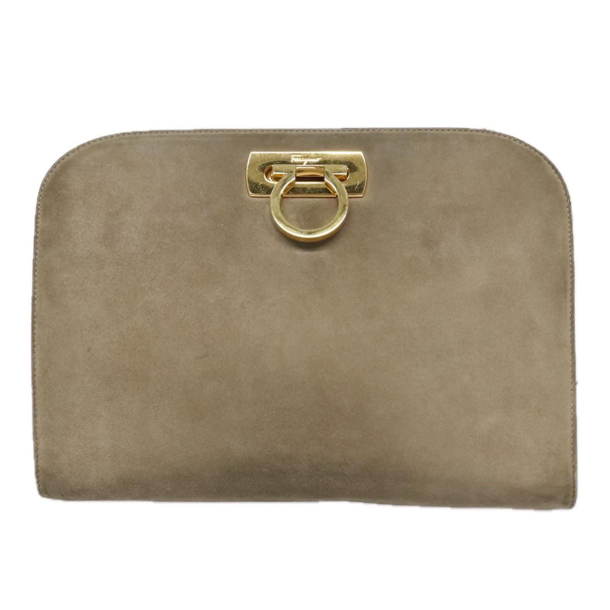 Salvatore Ferragamo Gancini Chain Shoulder Bag Suede Beige Gold Auth 92095