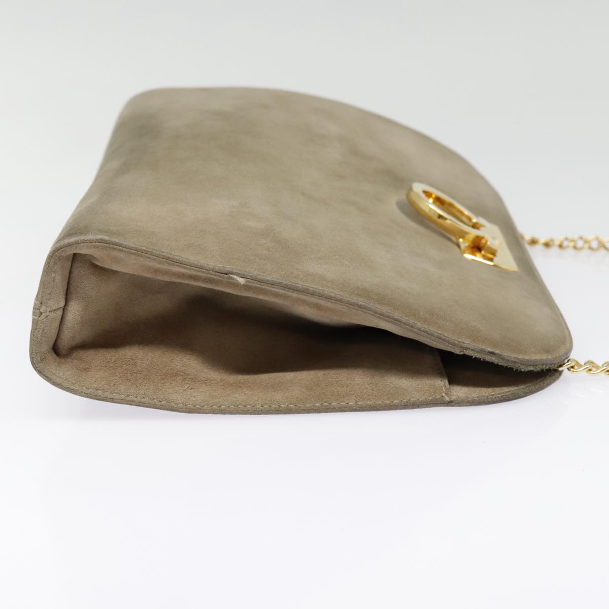 Salvatore Ferragamo Gancini Chain Shoulder Bag Suede Beige Gold Auth 92095