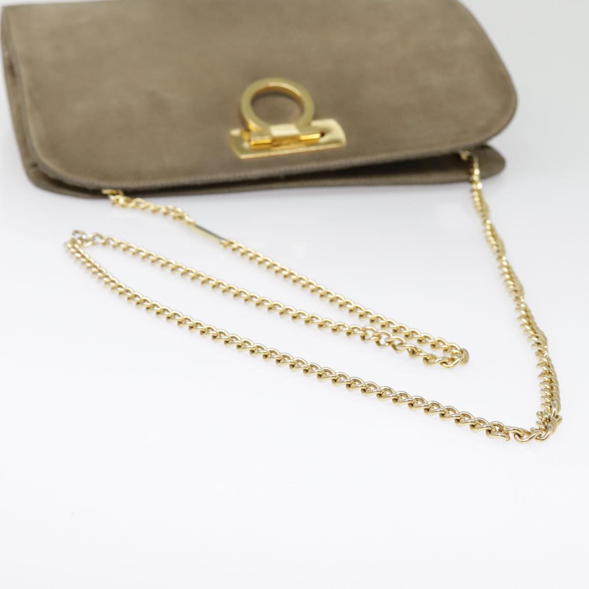 Salvatore Ferragamo Gancini Chain Shoulder Bag Suede Beige Gold Auth 92095