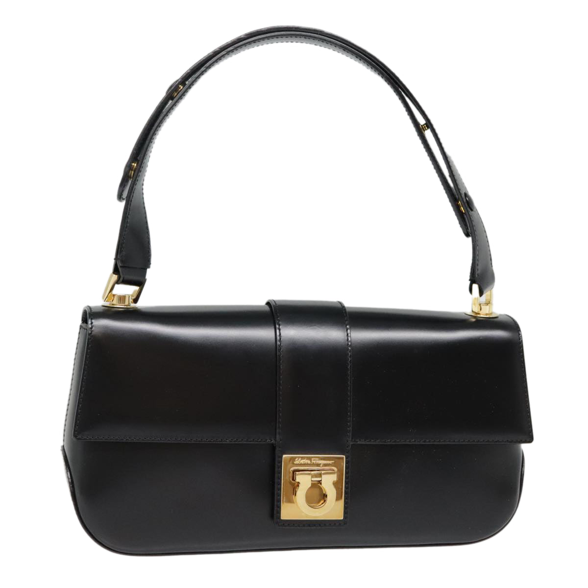 Salvatore Ferragamo Gancini Hand Bag Leather Black Gold Auth 92098