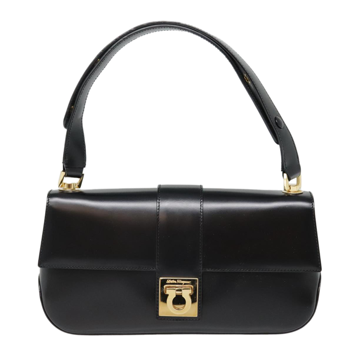 Salvatore Ferragamo Gancini Hand Bag Leather Black Gold Auth 92098