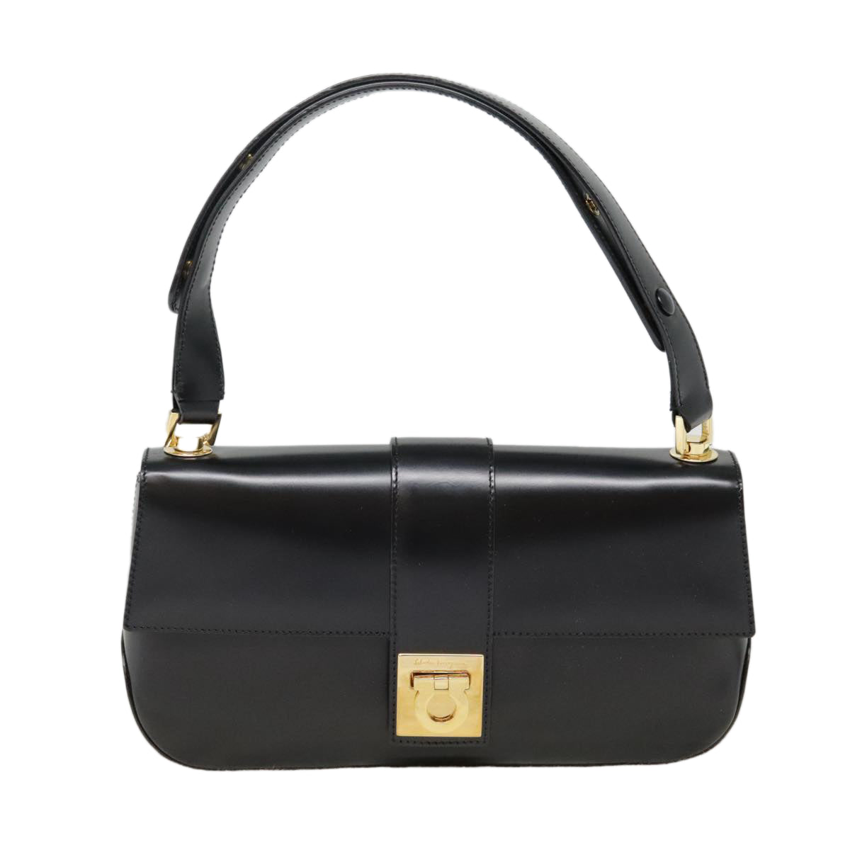 Salvatore Ferragamo Gancini Hand Bag Leather Black Gold Auth 92098