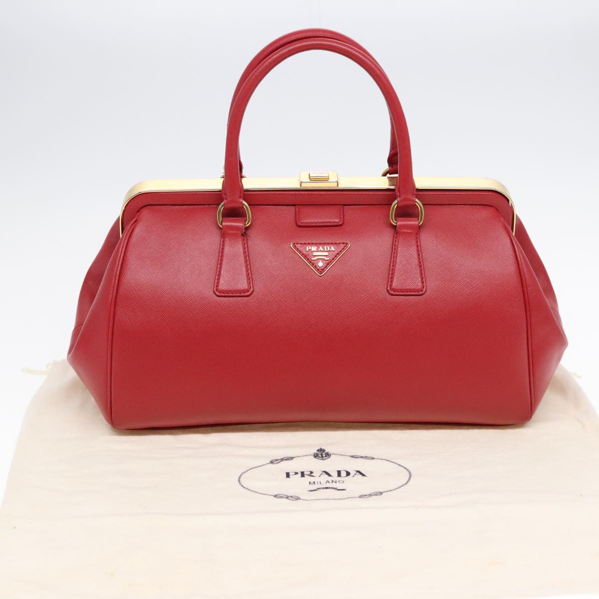 PRADA Hand Bag Safiano leather Red Gold Auth 92106