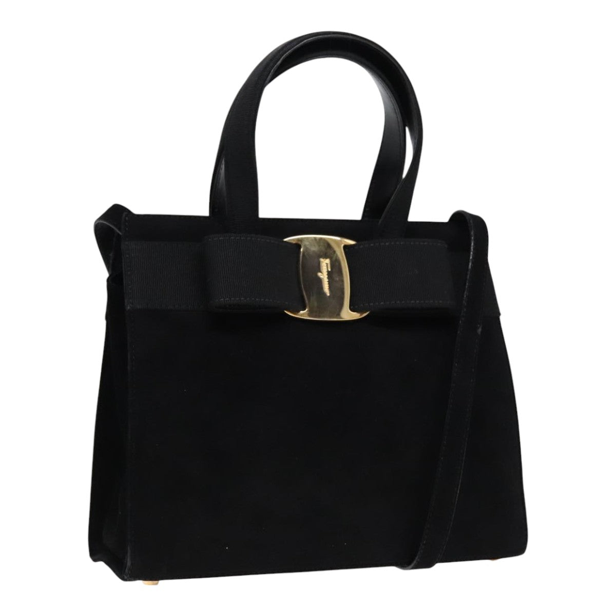 Salvatore Ferragamo Hand Bag Suede 2way Black Gold Auth 92108