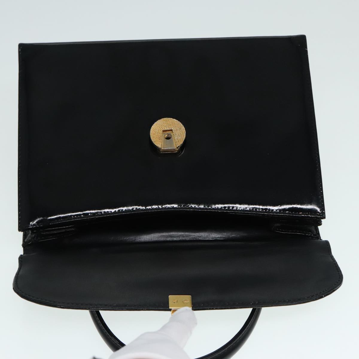 GUCCI Hand Bag Enamel Black Gold Auth 92109