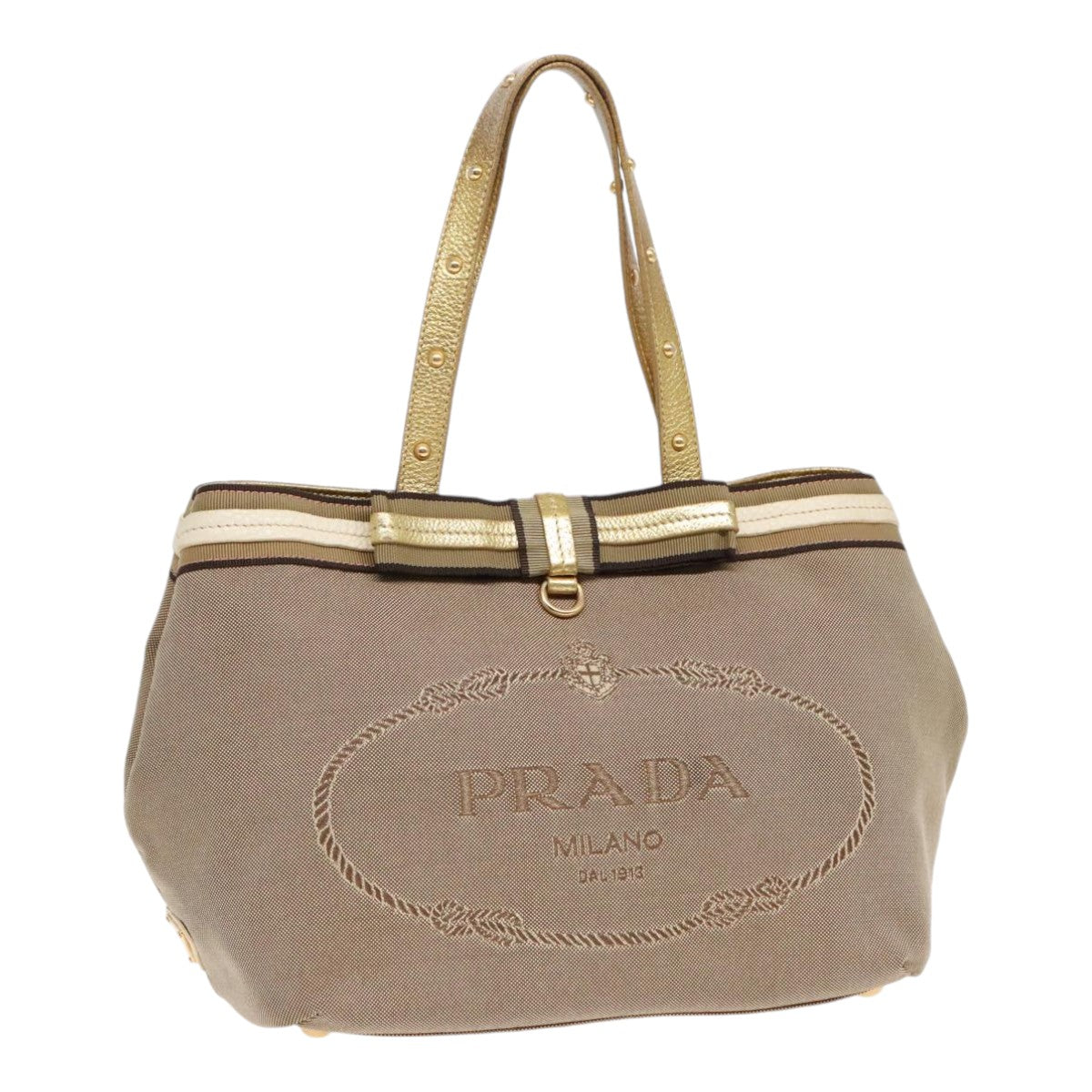 PRADA Hand Bag Canvas Leather Beige Gold Auth 92121