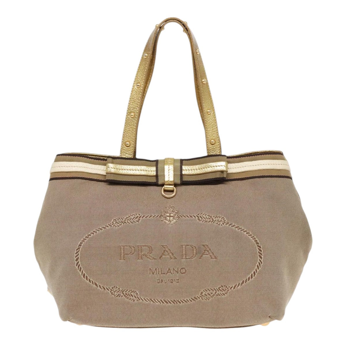 PRADA Hand Bag Canvas Leather Beige Gold Auth 92121