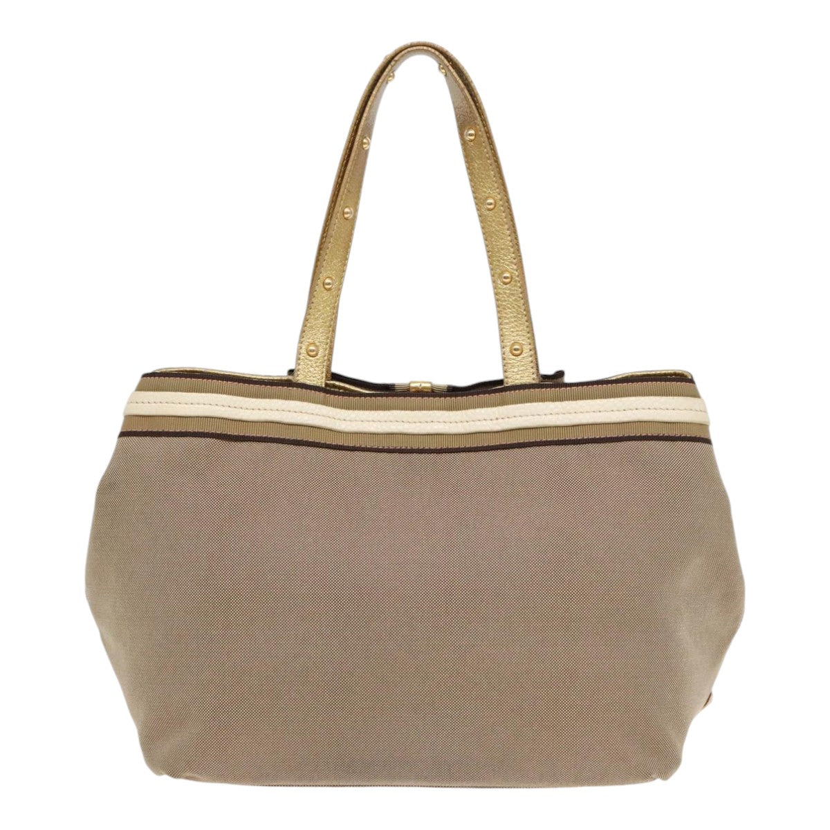 PRADA Hand Bag Canvas Leather Beige Gold Auth 92121