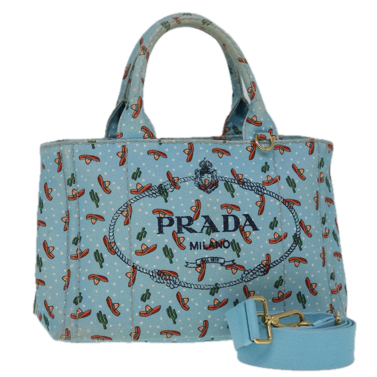 PRADA Canapa PM Hand Bag Canvas 2way Light Blue Gold Auth 92123