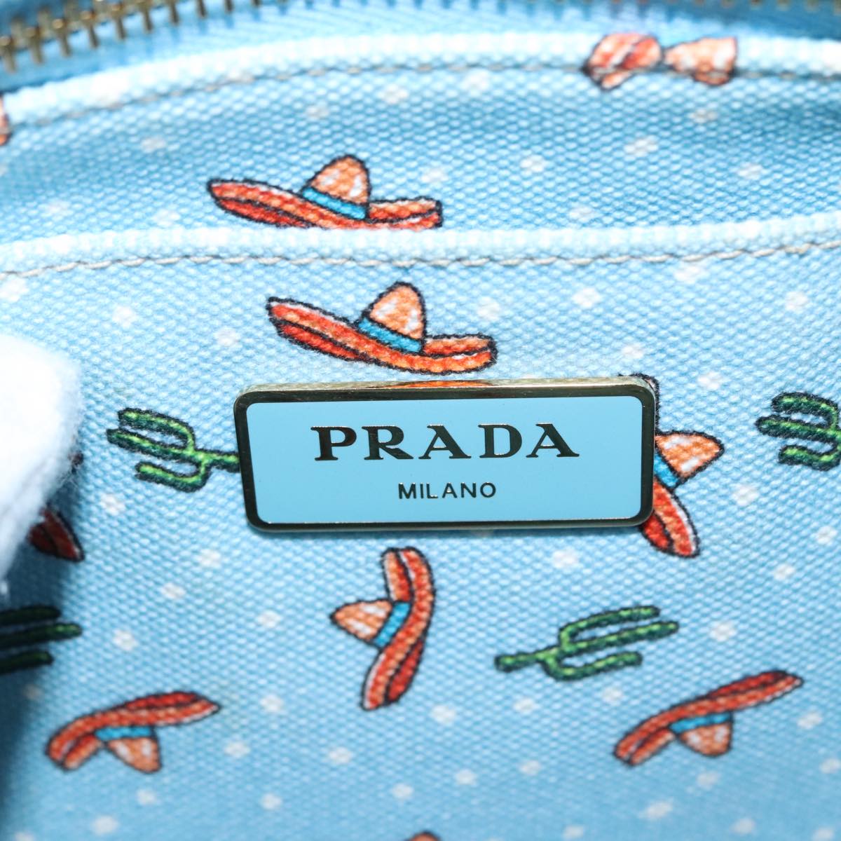 PRADA Canapa PM Hand Bag Canvas 2way Light Blue Gold Auth 92123