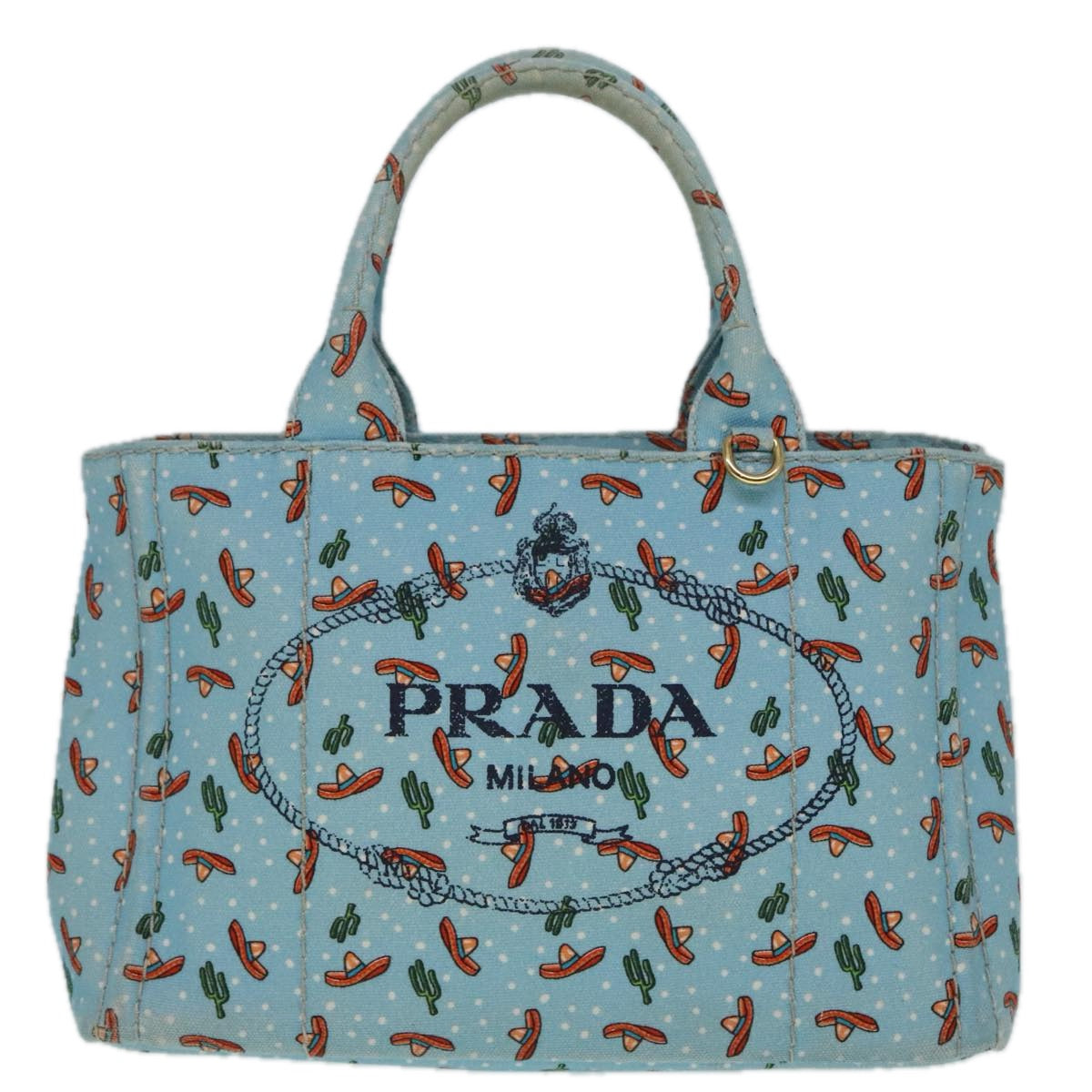 PRADA Canapa PM Hand Bag Canvas 2way Light Blue Gold Auth 92123