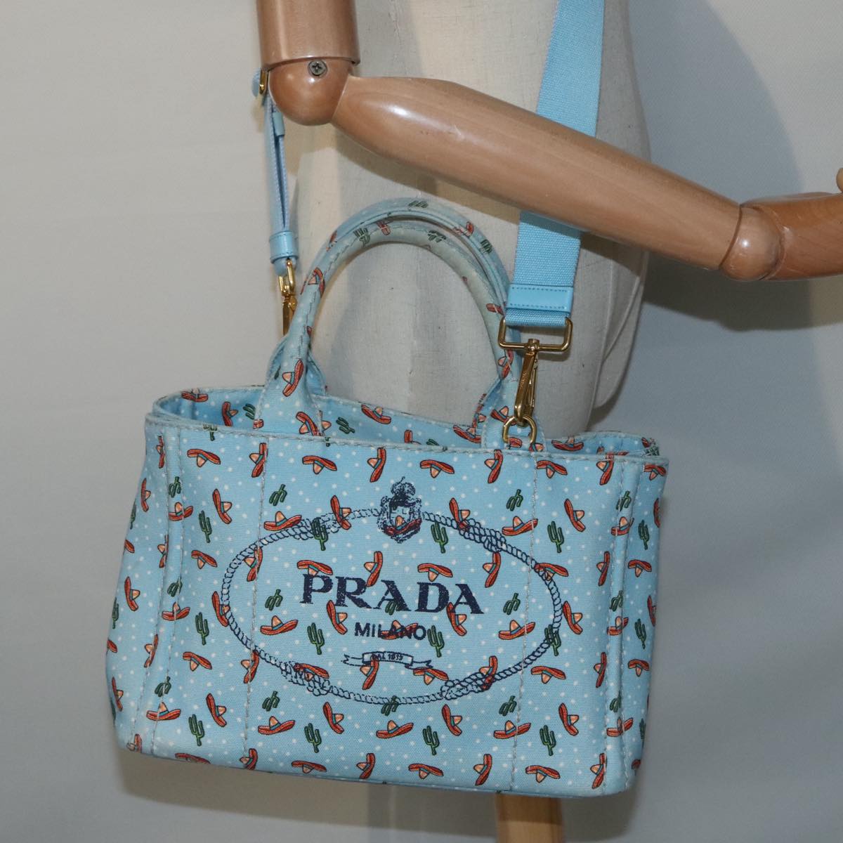 PRADA Canapa PM Hand Bag Canvas 2way Light Blue Gold Auth 92123