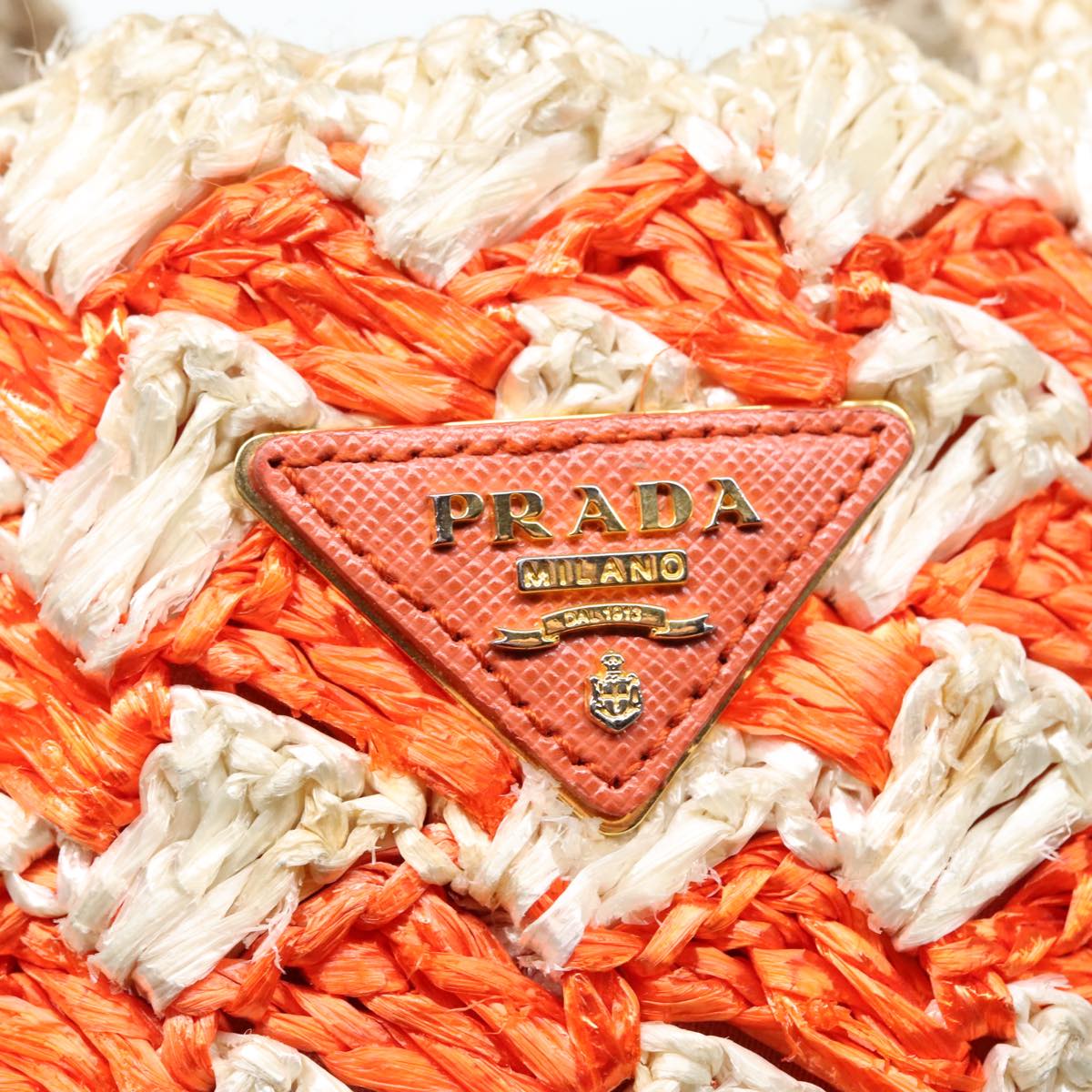 PRADA Canapa MM Hand Bag Raffia Beige Orange Gold Auth 92124