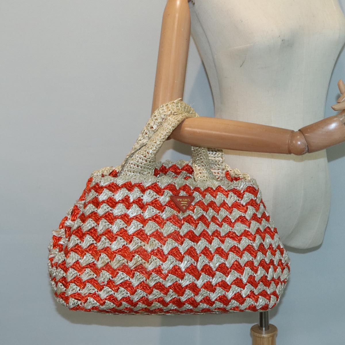 PRADA Canapa MM Hand Bag Raffia Beige Orange Gold Auth 92124