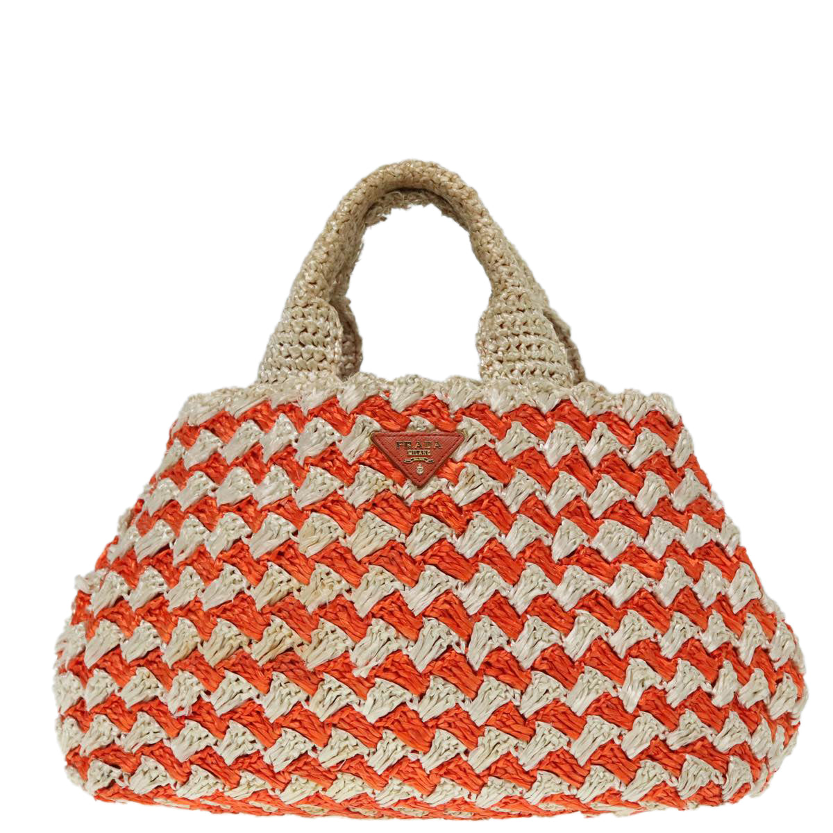 PRADA Canapa MM Hand Bag Raffia Beige Orange Gold Auth 92124