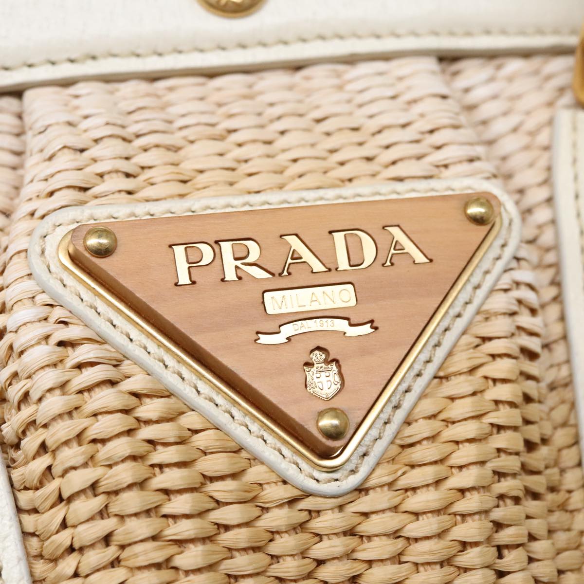 PRADA Hand Bag Straw Beige White Gold Auth 92126