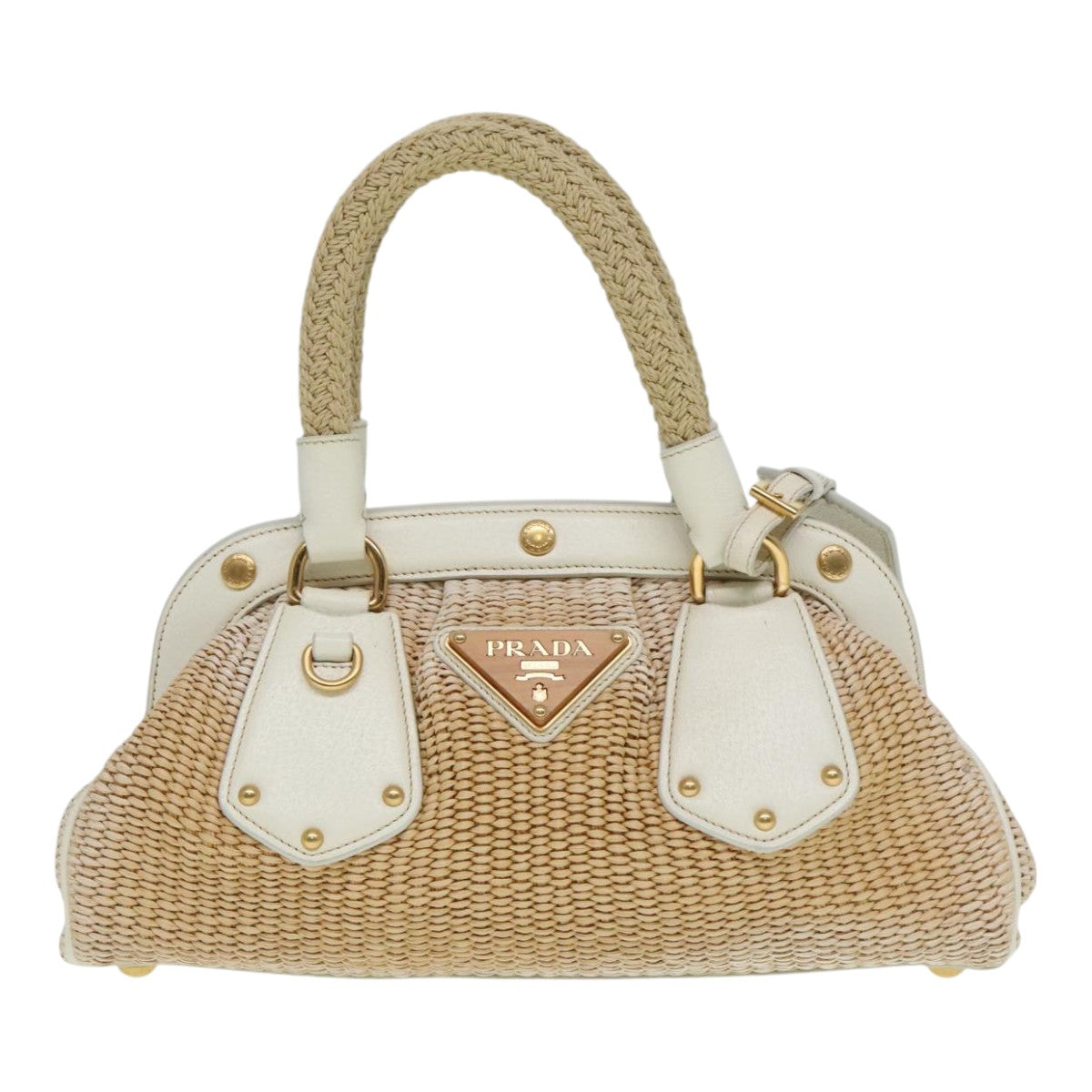 PRADA Hand Bag Straw Beige White Gold Auth 92126