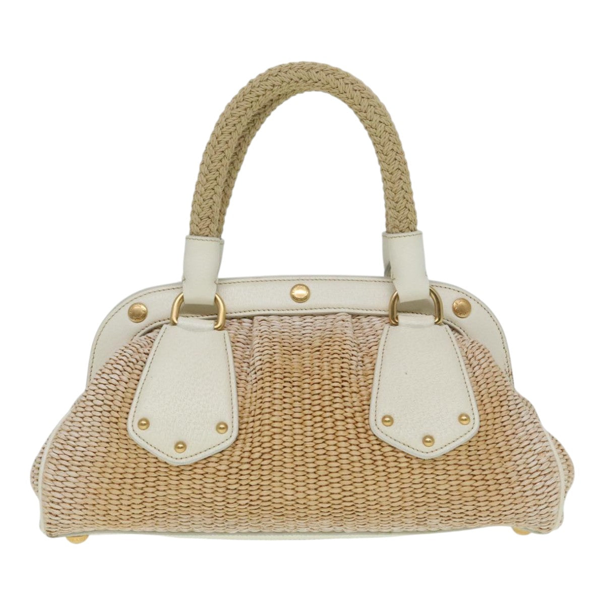 PRADA Hand Bag Straw Beige White Gold Auth 92126