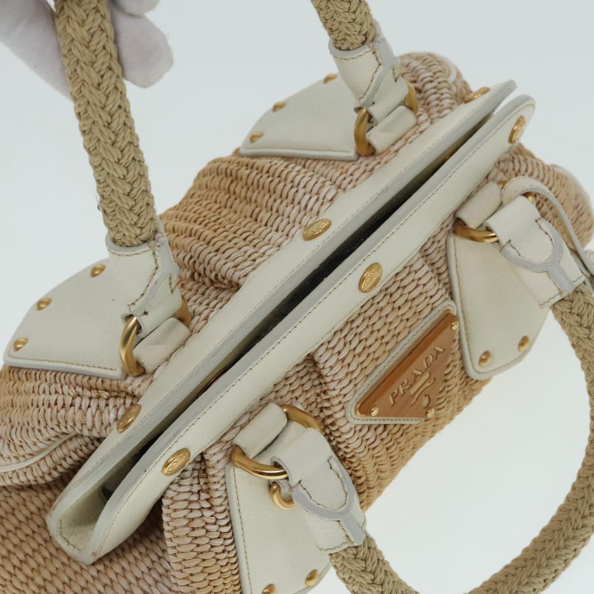 PRADA Hand Bag Straw Beige White Gold Auth 92126