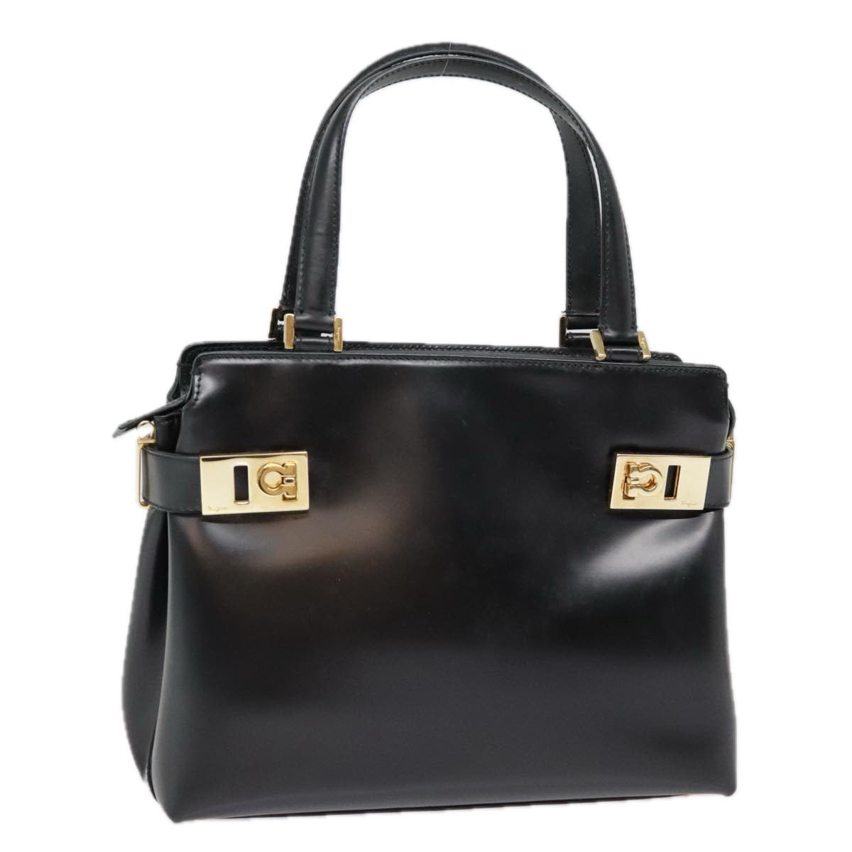 Salvatore Ferragamo Gancini Hand Bag Leather Black Gold Auth 92146