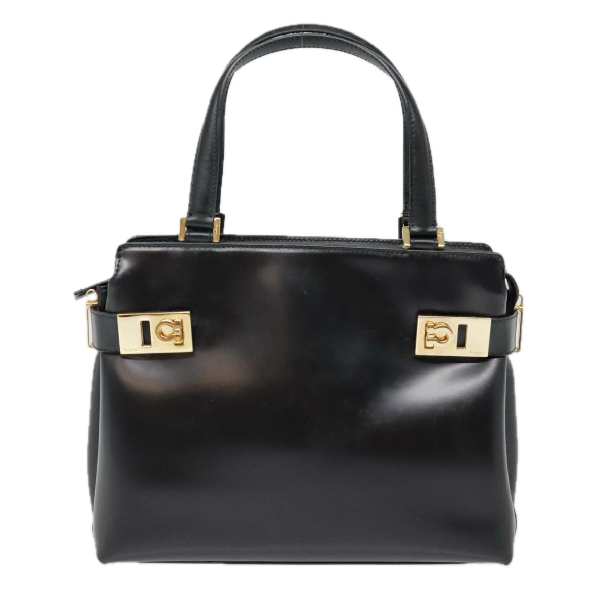 Salvatore Ferragamo Gancini Hand Bag Leather Black Gold Auth 92146