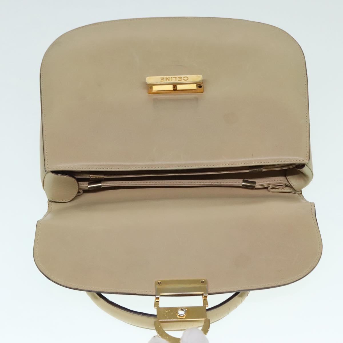 CELINE Hand Bag Leather 2way Gold Beige Auth 92148