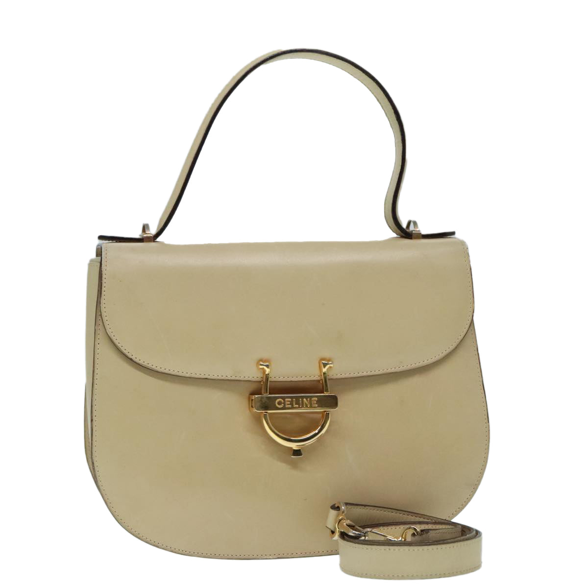 CELINE Hand Bag Leather 2way Gold Beige Auth 92148