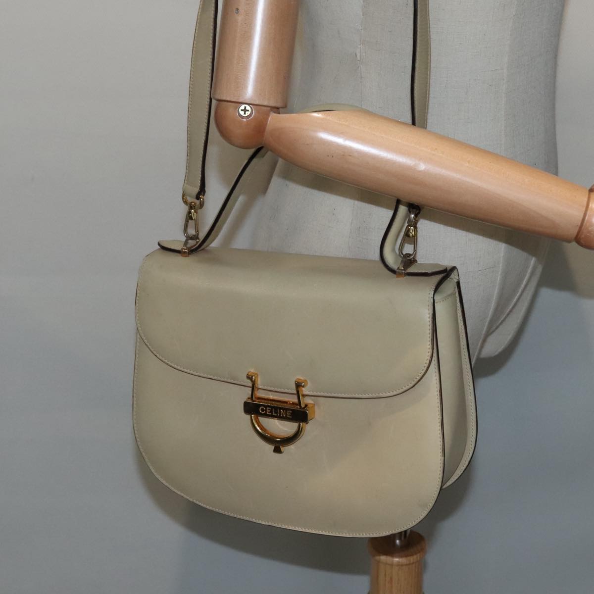 CELINE Hand Bag Leather 2way Gold Beige Auth 92148