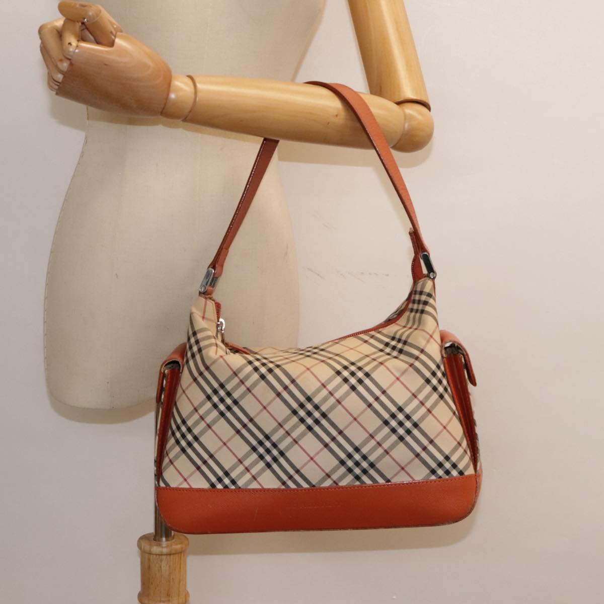 BURBERRY Nova Check Shoulder Bag Canvas Orange Beige Silver Auth 92153