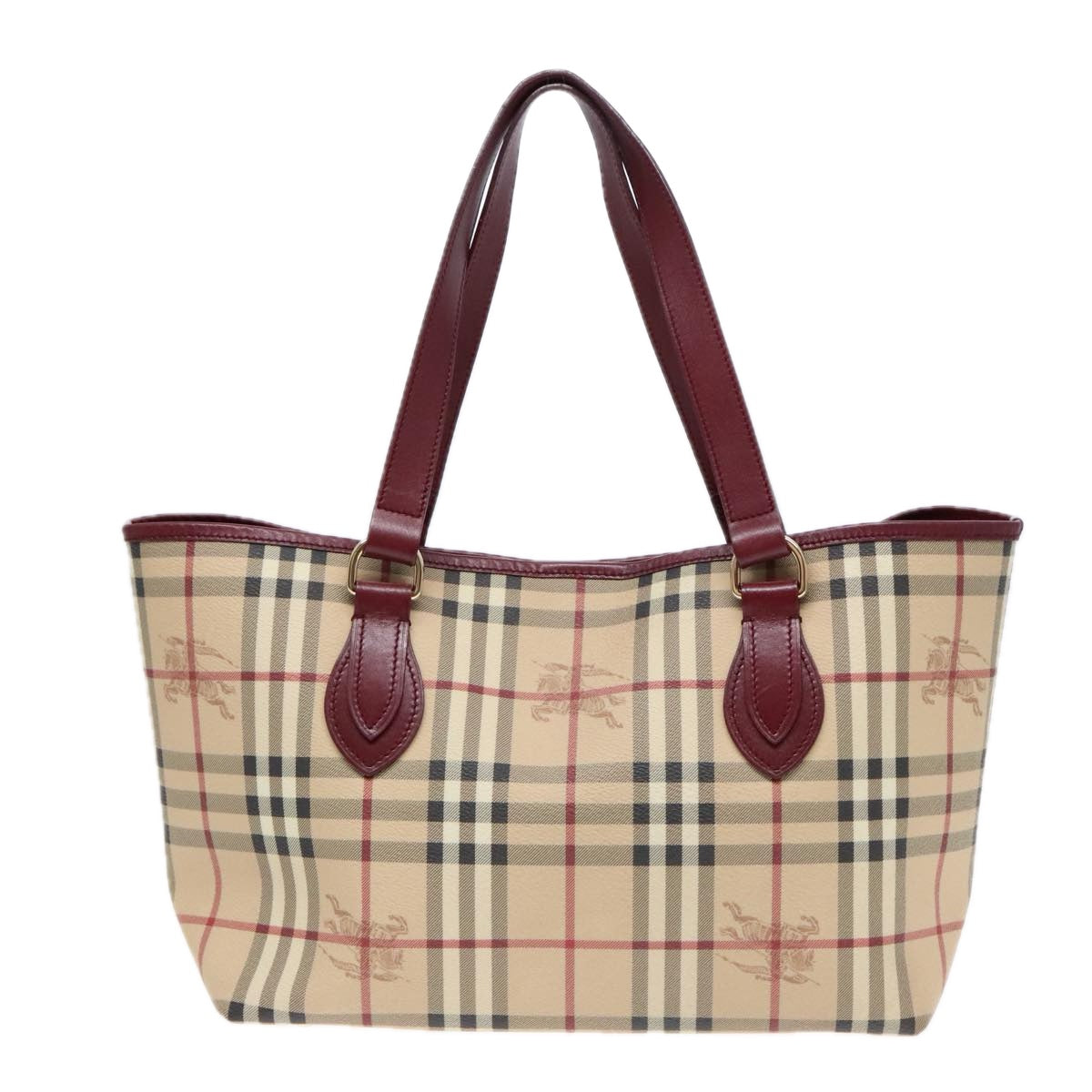 BURBERRY Nova Check Tote Bag PVC Leather Beige Wine Red Gold Auth 92156