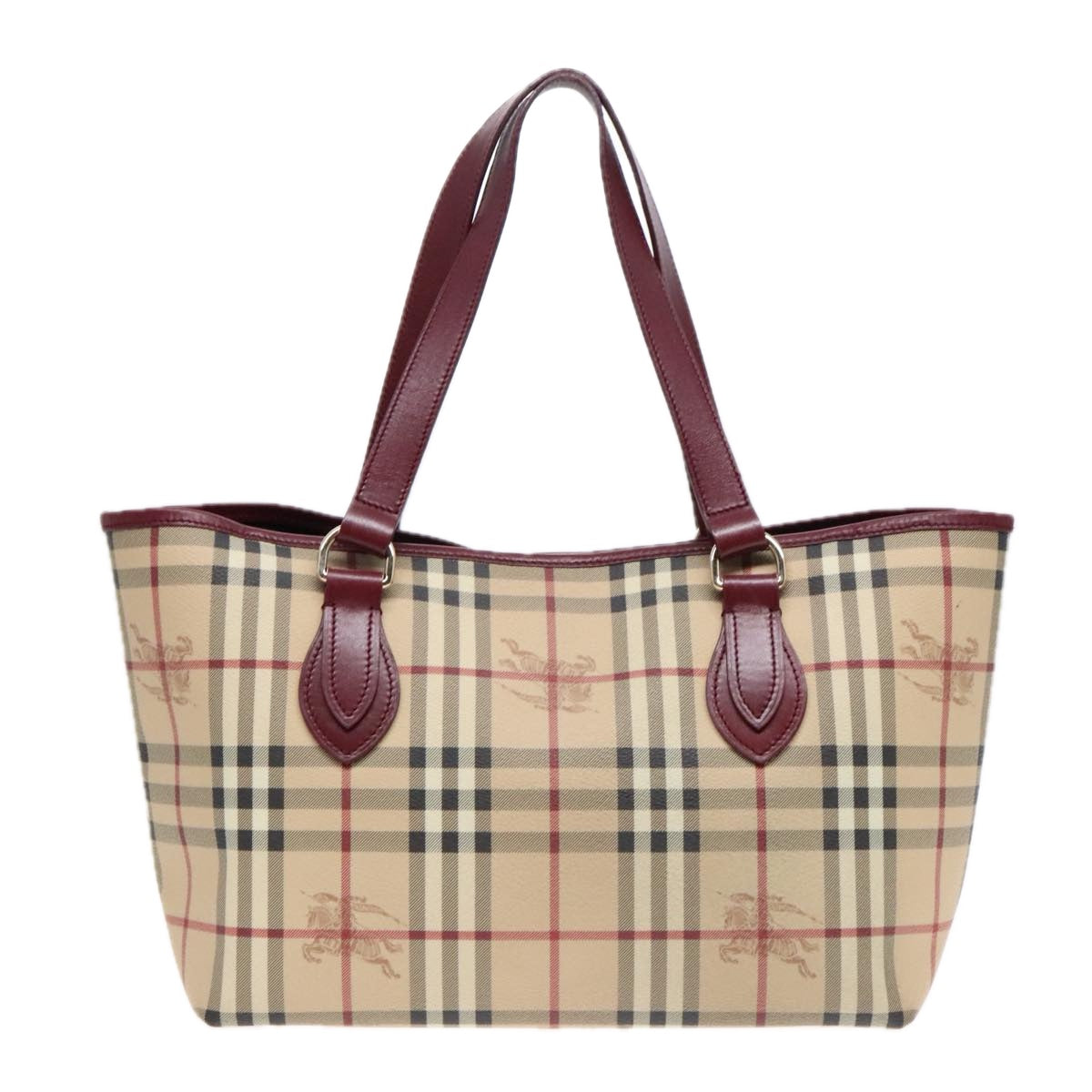 BURBERRY Nova Check Tote Bag PVC Leather Beige Wine Red Gold Auth 92156