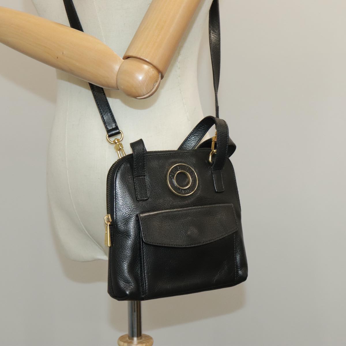 CELINE Hand Bag Leather 2way Black Gold Auth 92168