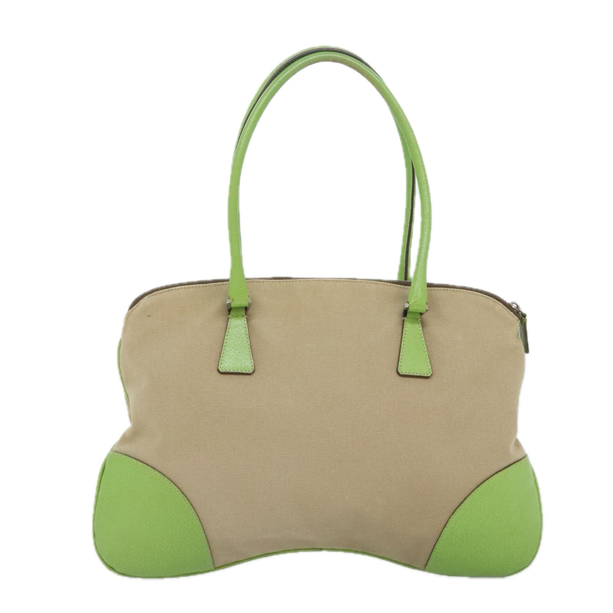 PRADA Hand Bag Canvas Beige Green Silver Auth 92186