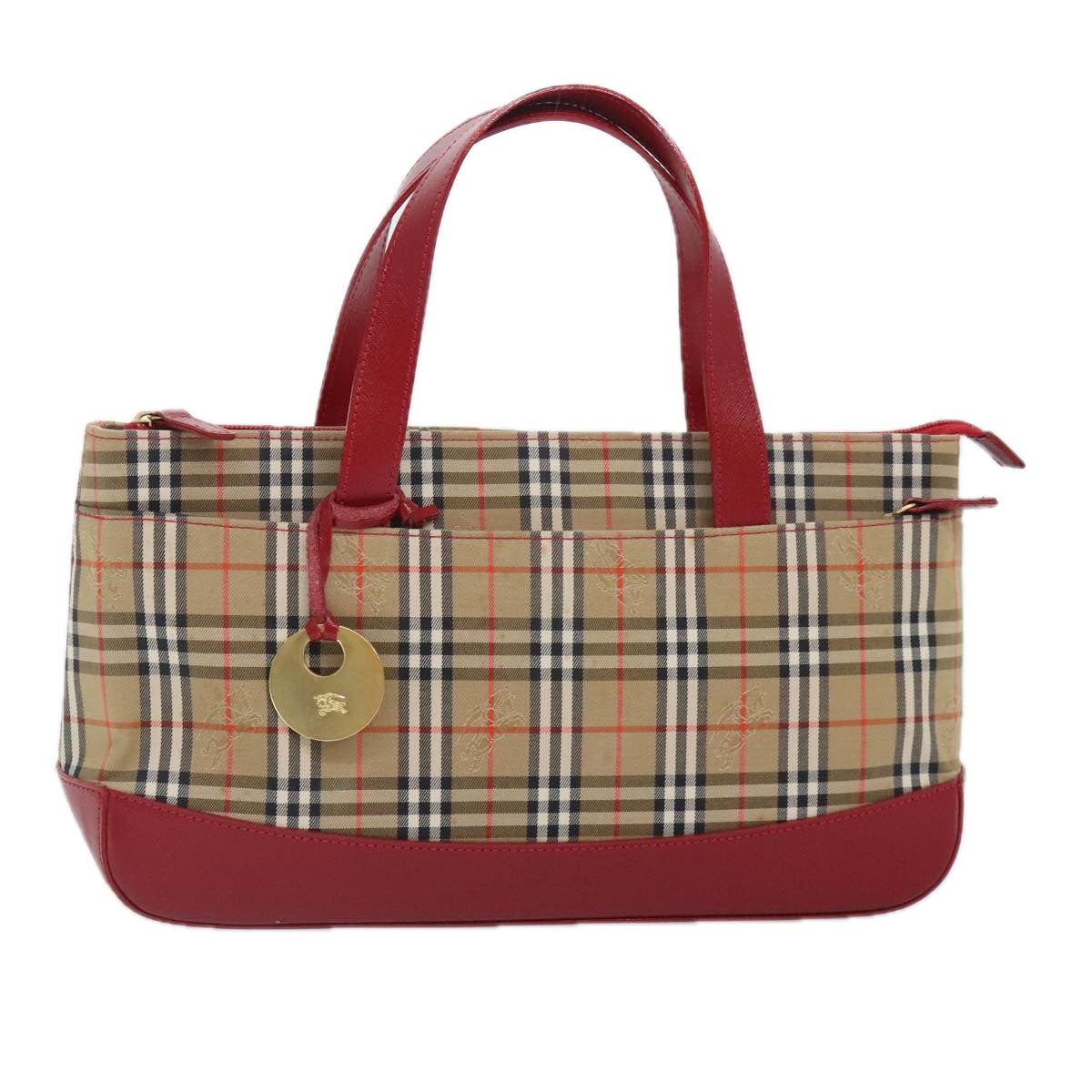 Burberrys Nova Check Hand Bag Canvas Leather Beige Gold Red Auth 92189