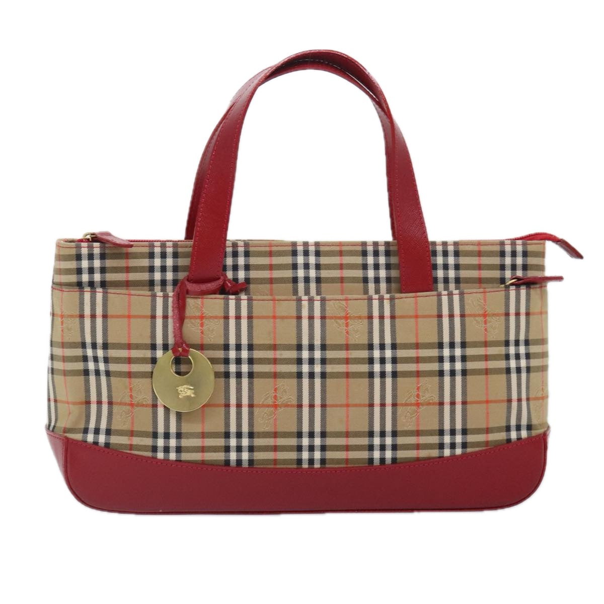 Burberrys Nova Check Hand Bag Canvas Leather Beige Gold Red Auth 92189