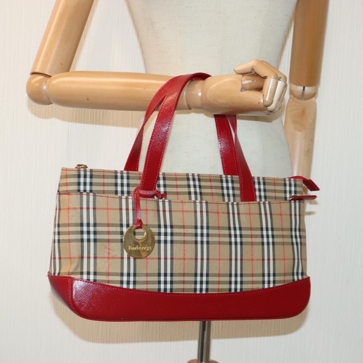 Burberrys Nova Check Hand Bag Canvas Leather Beige Gold Red Auth 92189