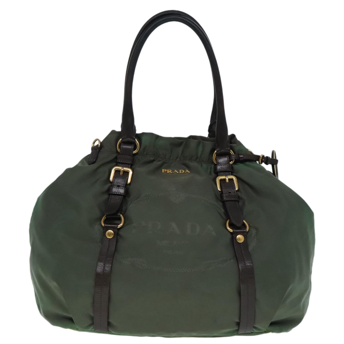 PRADA Hand Bag Nylon 2way Khaki Gold Auth 92201