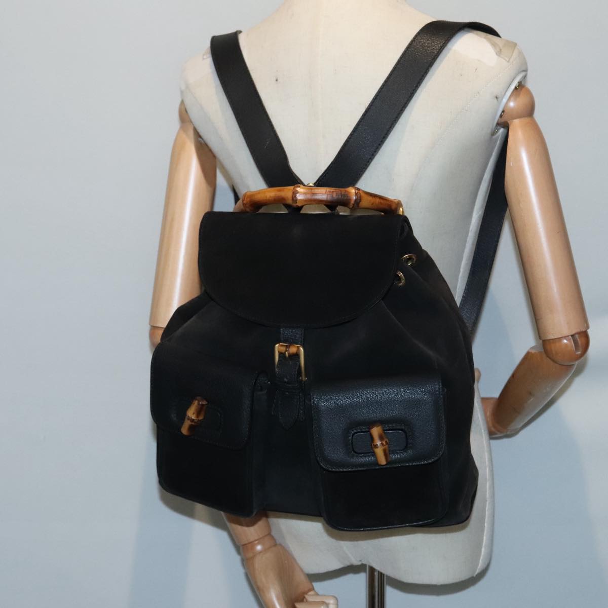 GUCCI Bamboo Backpack Suede Leather Black Gold Auth 92231