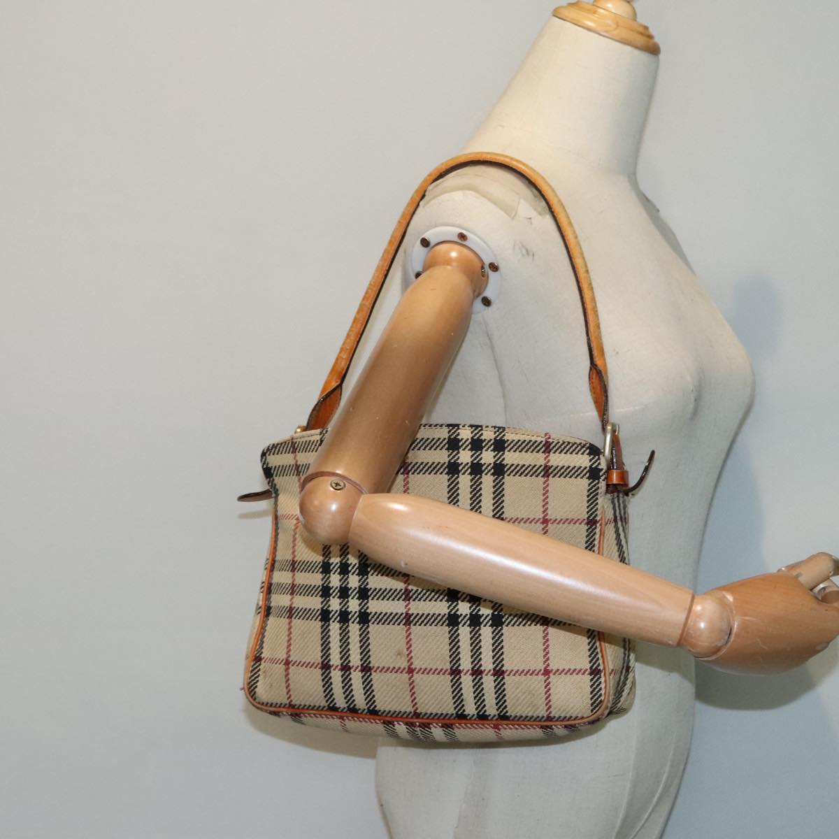 BURBERRY Nova Check Hand Bag Wool Beige Gold Auth 92232