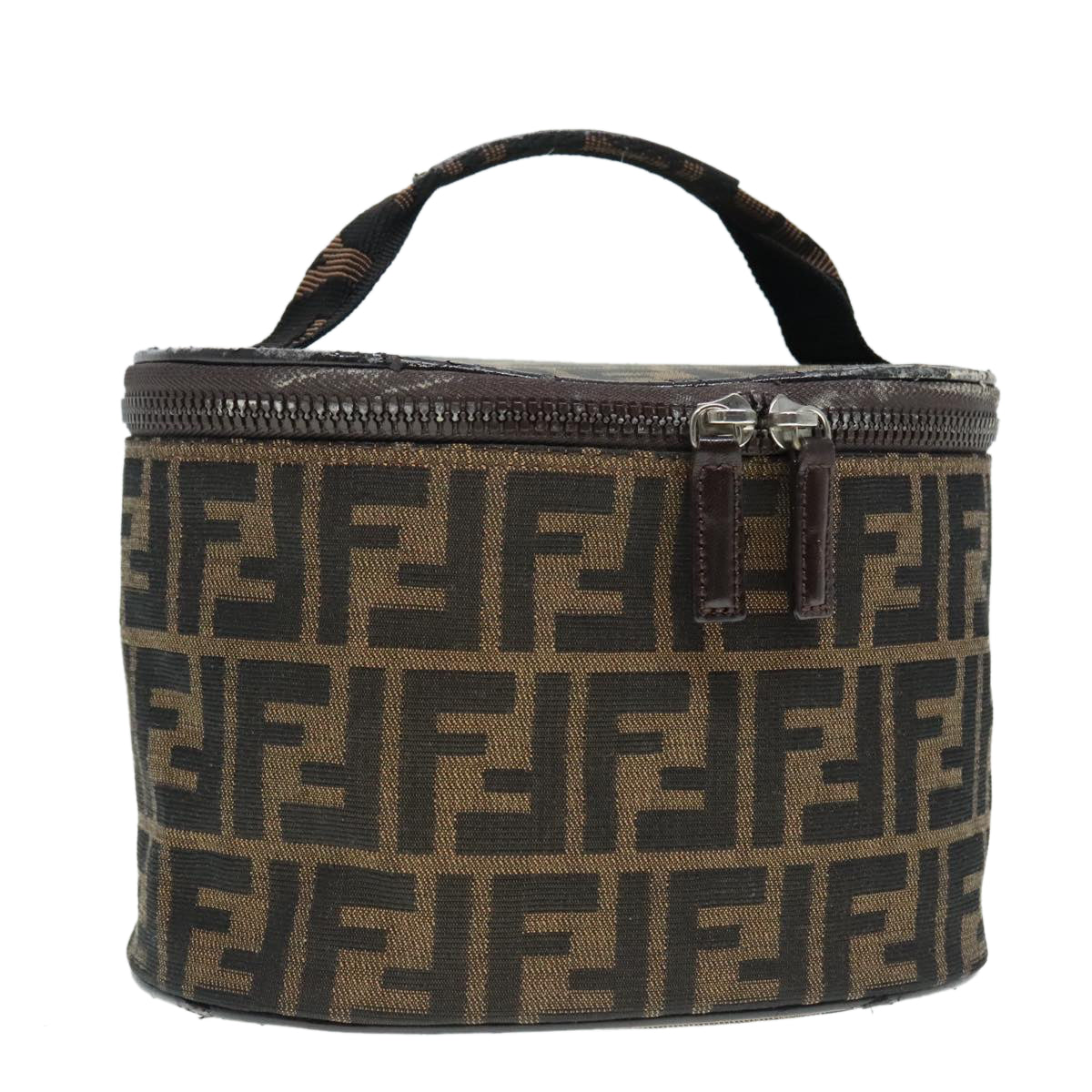 FENDI Zucca Canvas Vanity Hand Bag Brown Black Silver Auth 92279